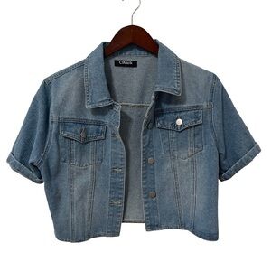 CiMuk Women’s S Cropped Denim Jacket Short Sleeve Button Front Blue EUC